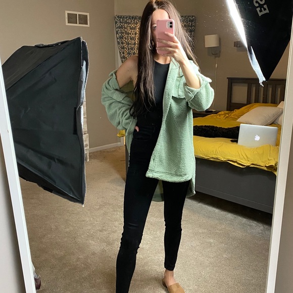 Green Teddy Button Down Top - Picture 3 of 3